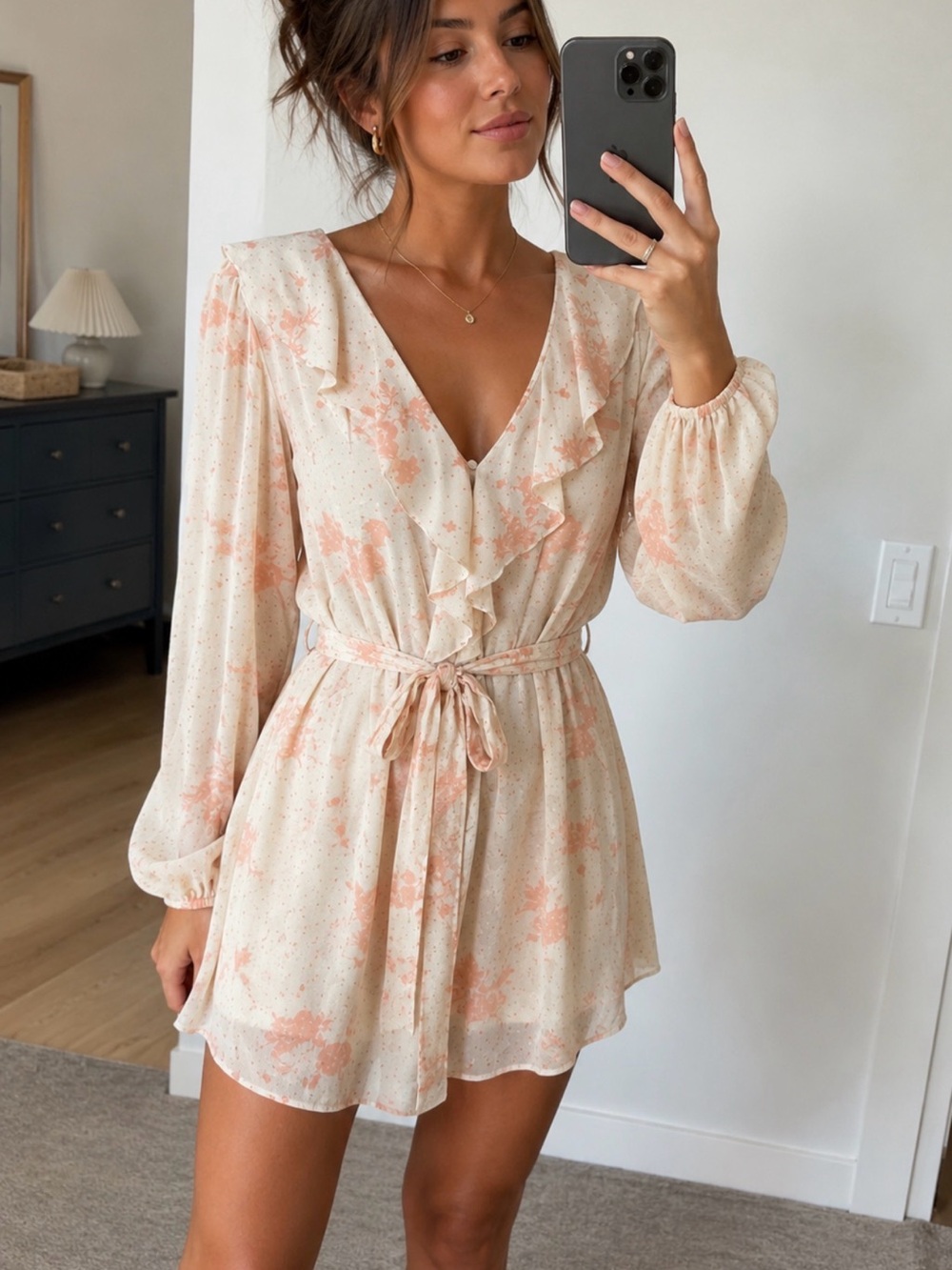 Free People Cream and Peach Floral Ruffle Midi Dress